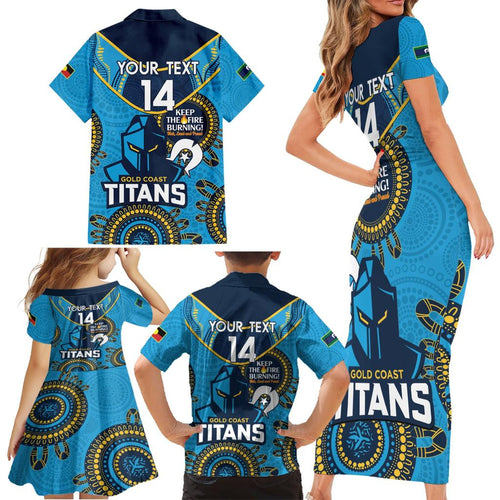 Custom NRL Titans NAIDOC Week Family Matching Short Sleeve Bodycon Dress and Hawaiian Shirt Keep The Fire Burning Indigenous Art