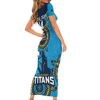 Custom NRL Titans NAIDOC Week Family Matching Short Sleeve Bodycon Dress and Hawaiian Shirt Keep The Fire Burning Indigenous Art