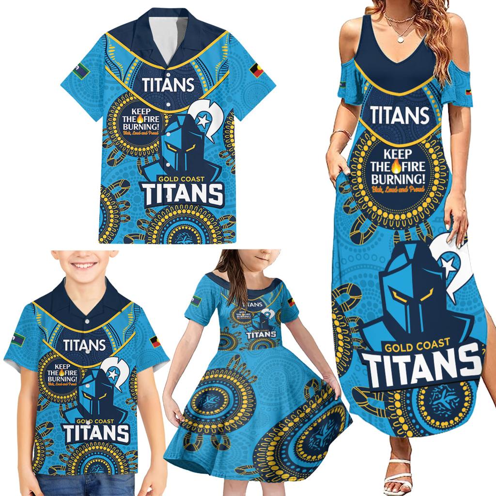 Custom NRL Titans NAIDOC Week Family Matching Summer Maxi Dress and Hawaiian Shirt Keep The Fire Burning Indigenous Art
