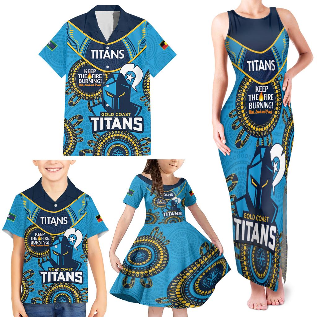 Custom NRL Titans NAIDOC Week Family Matching Tank Maxi Dress and Hawaiian Shirt Keep The Fire Burning Indigenous Art