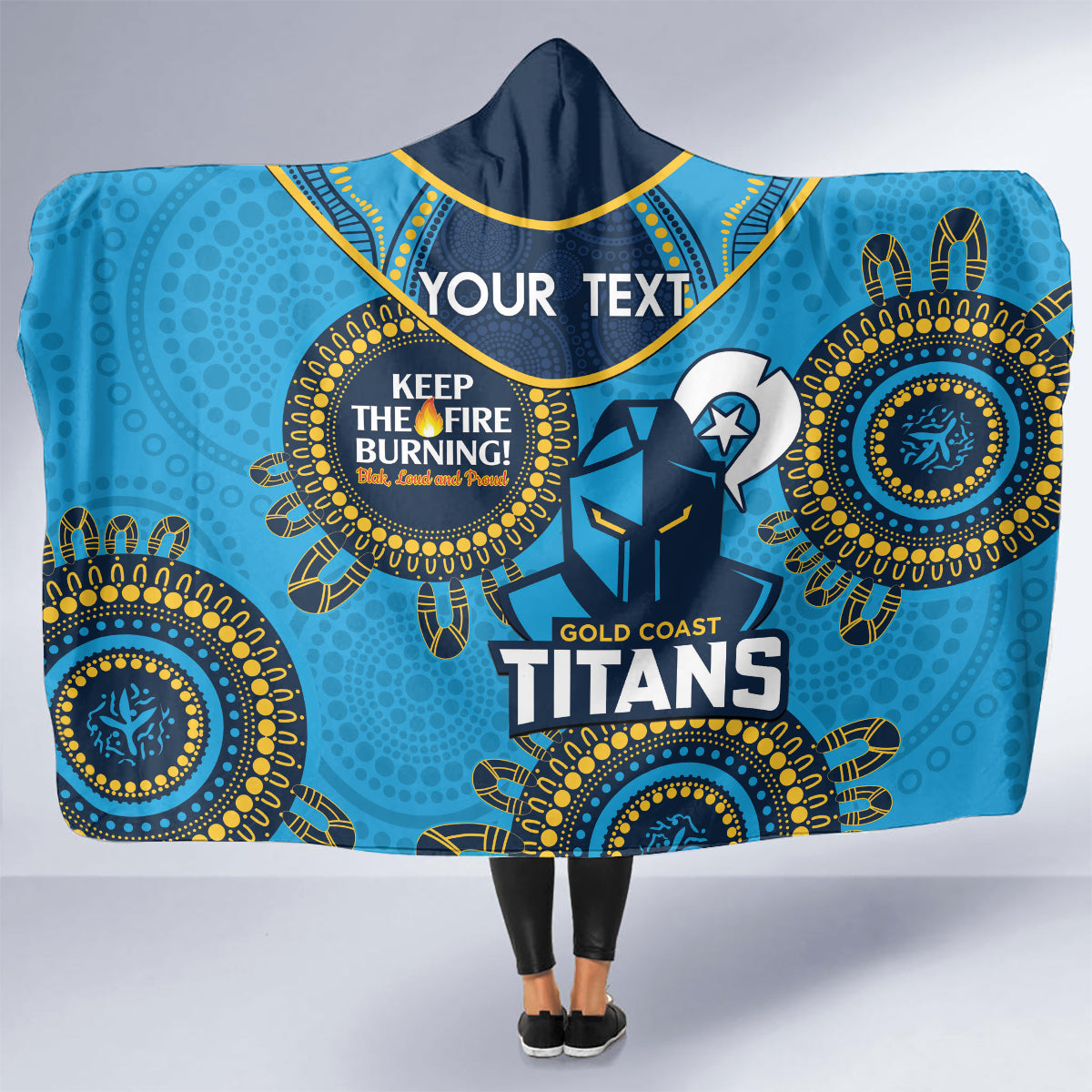 Custom NRL Titans NAIDOC Week Hooded Blanket Keep The Fire Burning Indigenous Art