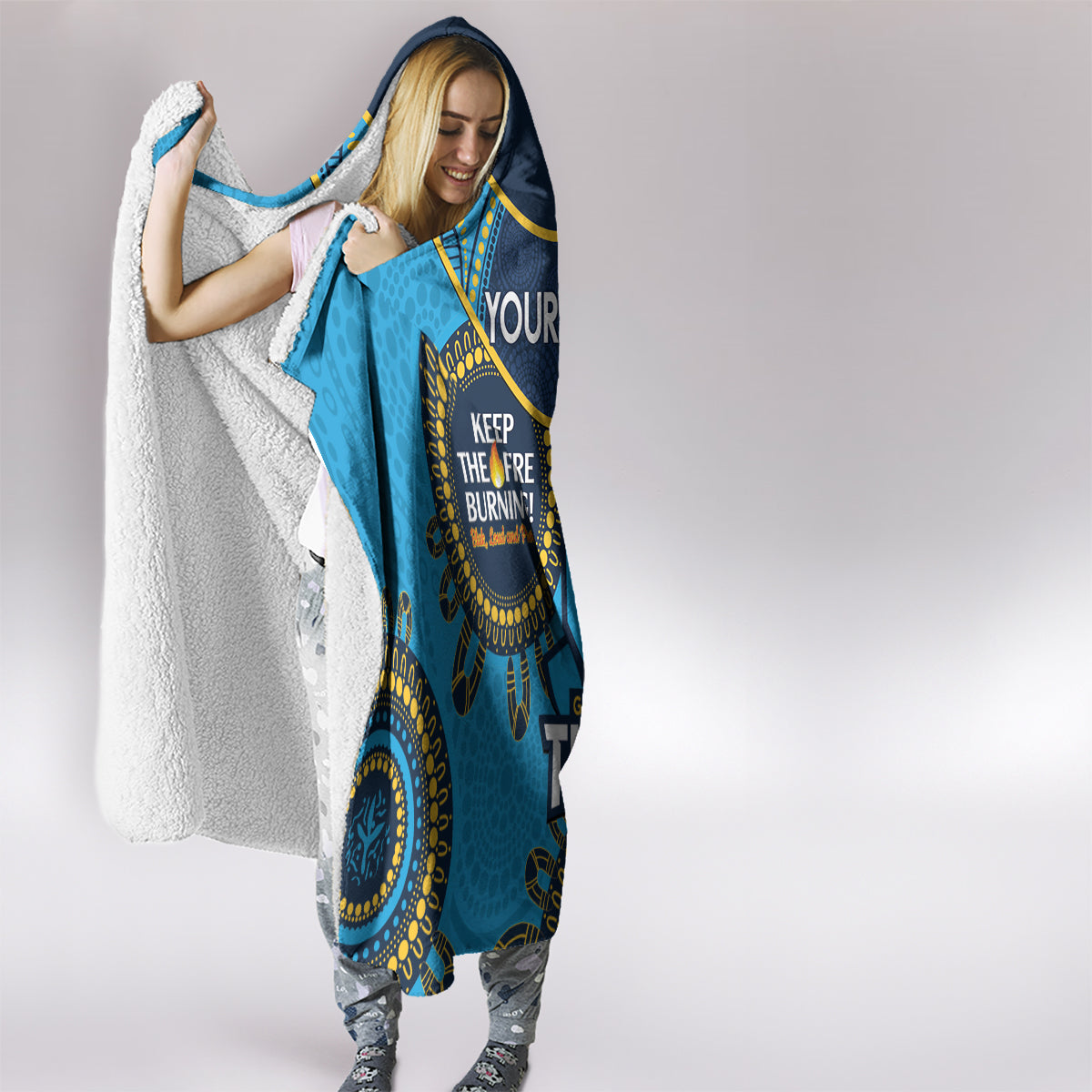 Custom NRL Titans NAIDOC Week Hooded Blanket Keep The Fire Burning Indigenous Art