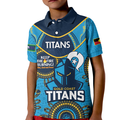 Custom NRL Titans NAIDOC Week Kid Polo Shirt Keep The Fire Burning Indigenous Art
