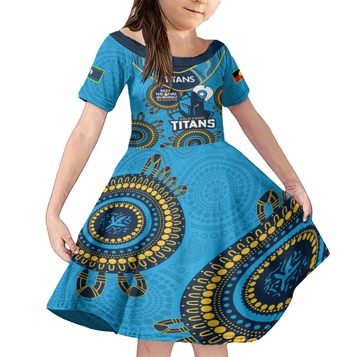 Custom NRL Titans NAIDOC Week Kid Short Sleeve Dress Keep The Fire Burning Indigenous Art