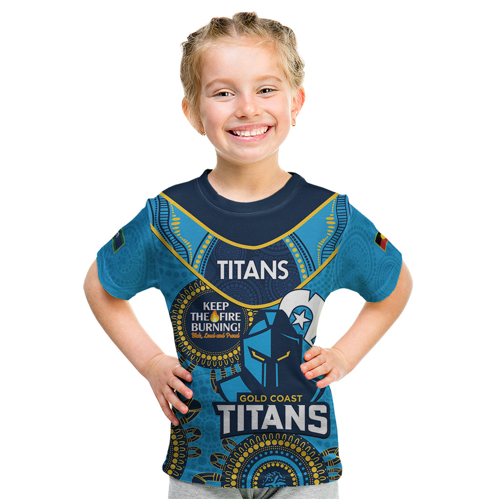Custom NRL Titans NAIDOC Week Kid T Shirt Keep The Fire Burning Indigenous Art