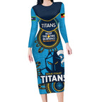 Custom NRL Titans NAIDOC Week Long Sleeve Bodycon Dress Keep The Fire Burning Indigenous Art