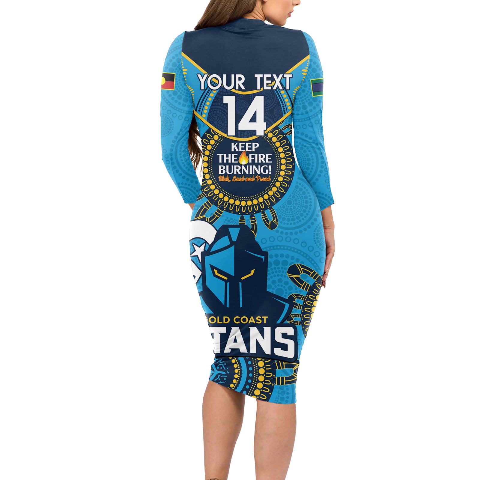 Custom NRL Titans NAIDOC Week Long Sleeve Bodycon Dress Keep The Fire Burning Indigenous Art