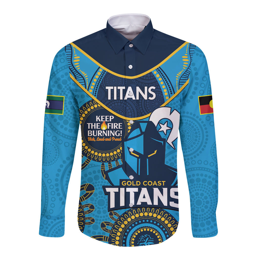 Custom NRL Titans NAIDOC Week Long Sleeve Button Shirt Keep The Fire Burning Indigenous Art