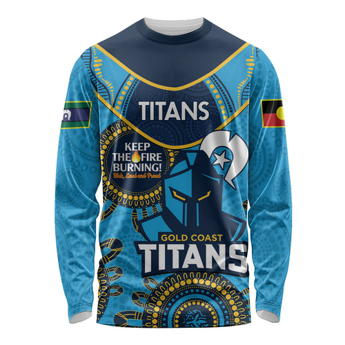 Custom NRL Titans NAIDOC Week Long Sleeve Shirt Keep The Fire Burning Indigenous Art