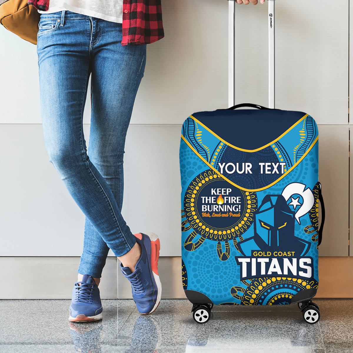 Custom NRL Titans NAIDOC Week Luggage Cover Keep The Fire Burning Indigenous Art
