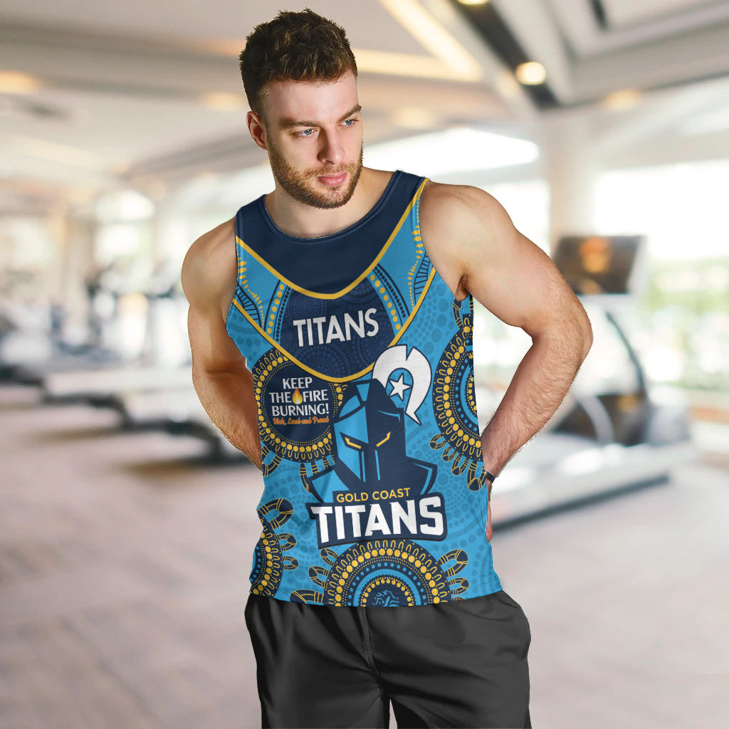 Custom NRL Titans NAIDOC Week Men Tank Top Keep The Fire Burning Indigenous Art