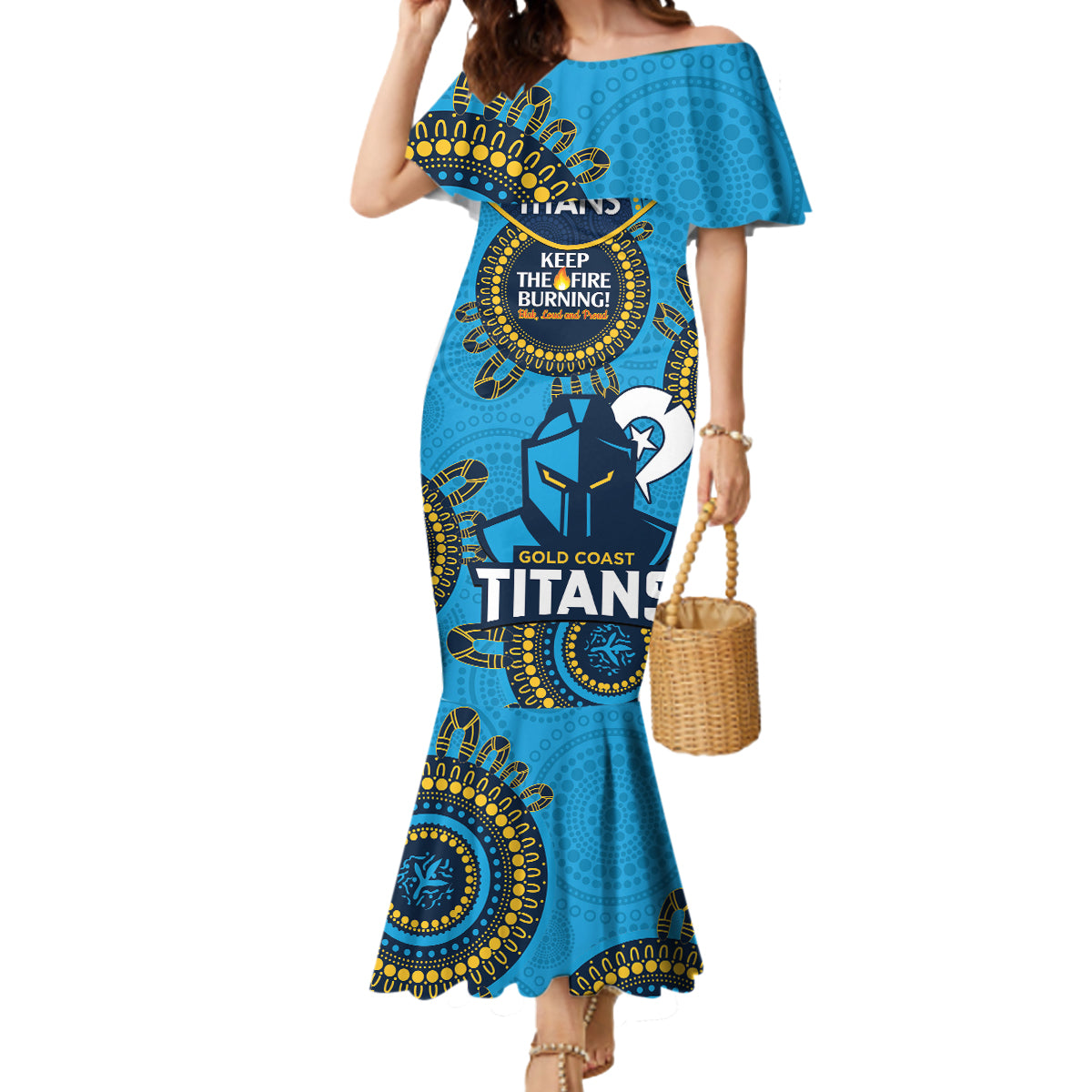 Custom NRL Titans NAIDOC Week Mermaid Dress Keep The Fire Burning Indigenous Art