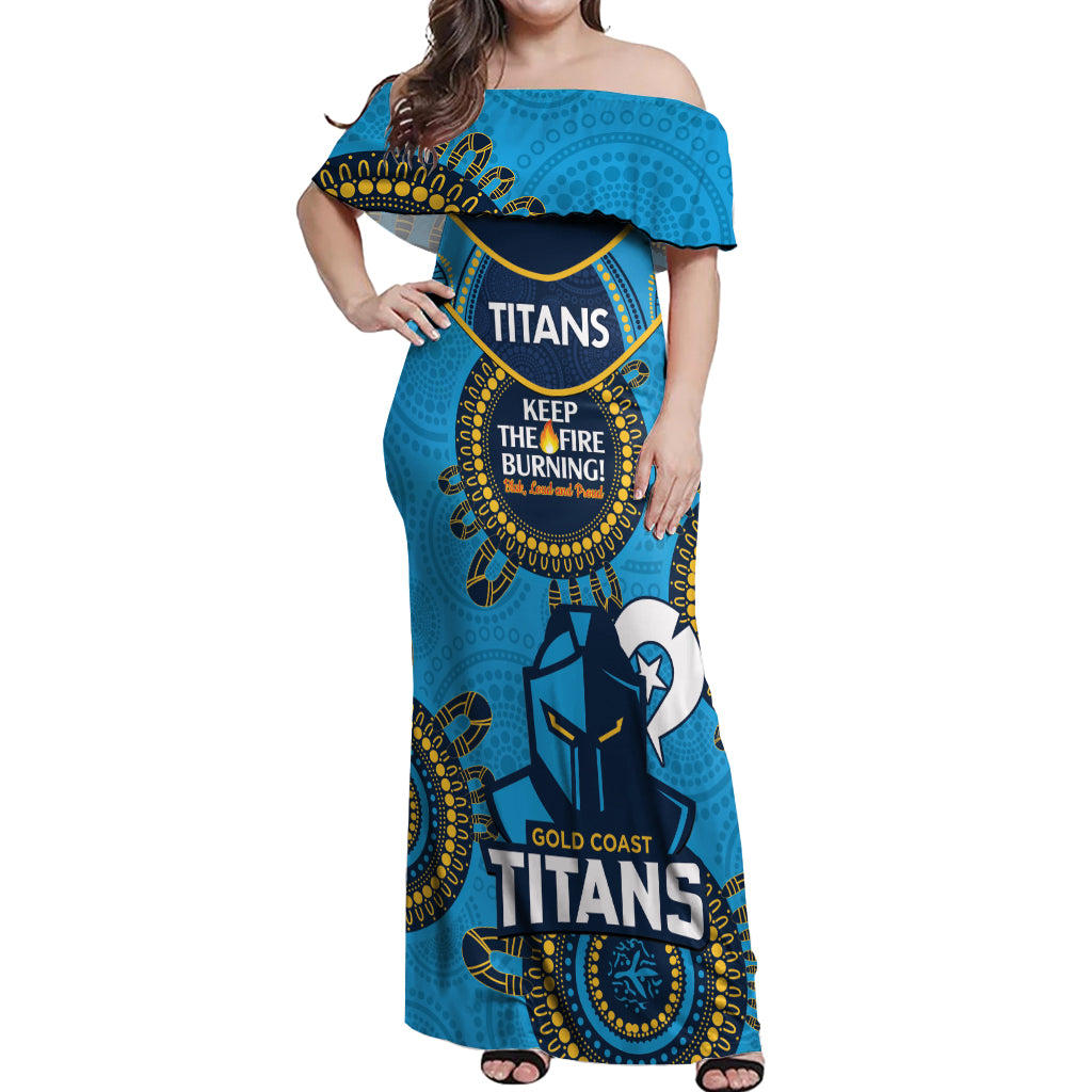 Custom NRL Titans NAIDOC Week Off Shoulder Maxi Dress Keep The Fire Burning Indigenous Art