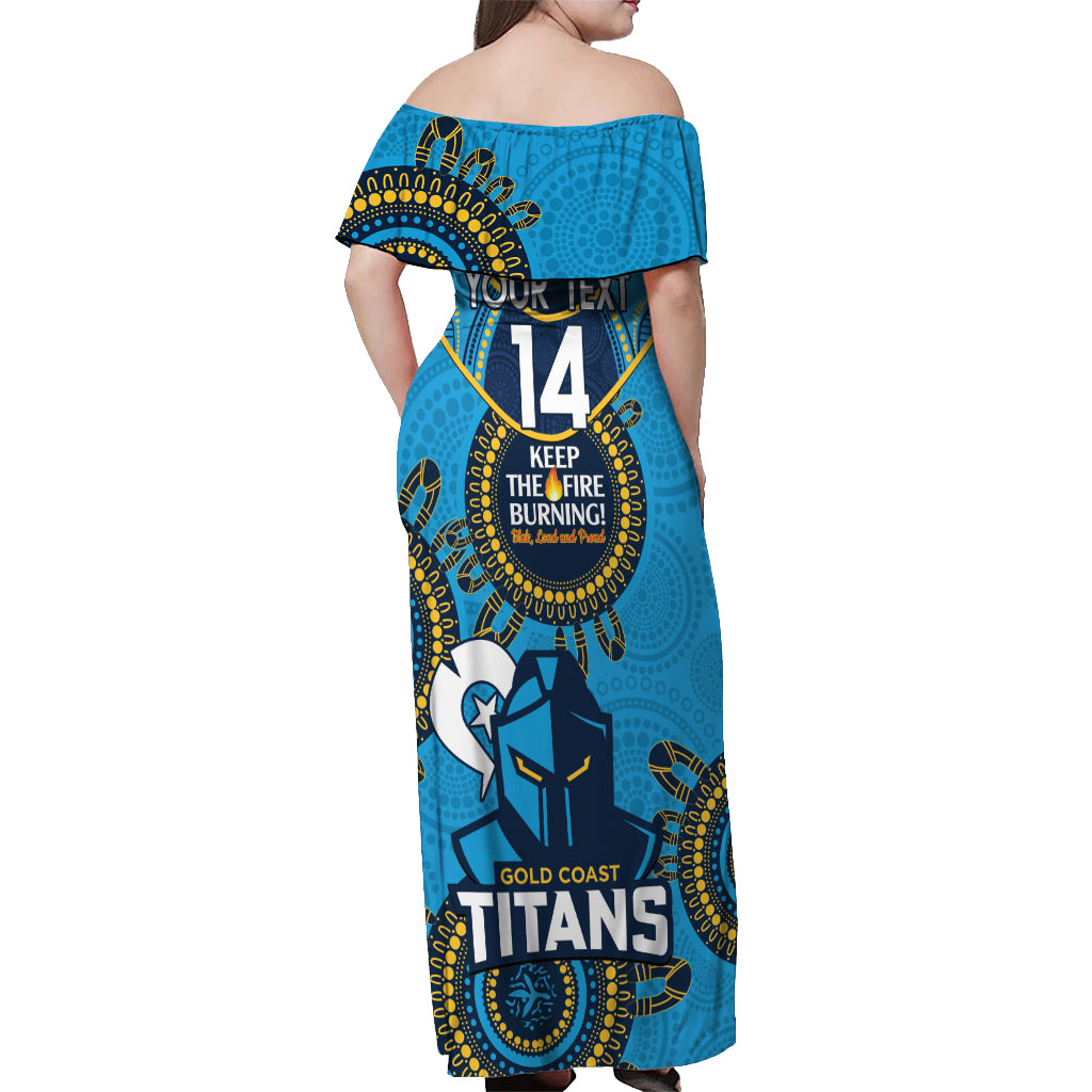 Custom NRL Titans NAIDOC Week Off Shoulder Maxi Dress Keep The Fire Burning Indigenous Art