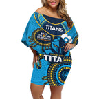 Custom NRL Titans NAIDOC Week Off Shoulder Short Dress Keep The Fire Burning Indigenous Art