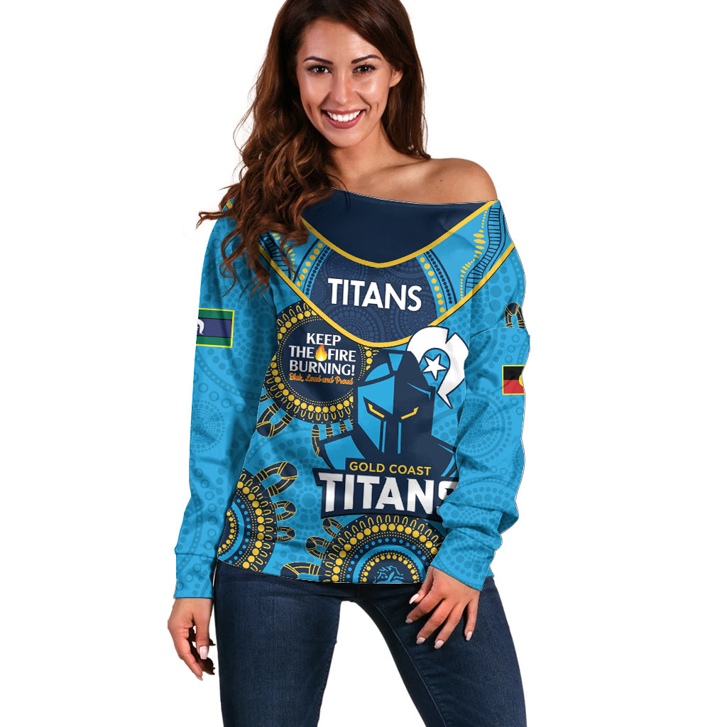 Custom NRL Titans NAIDOC Week Off Shoulder Sweater Keep The Fire Burning Indigenous Art