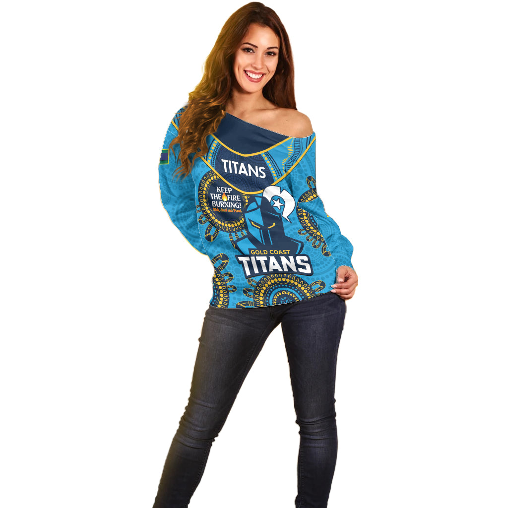 Custom NRL Titans NAIDOC Week Off Shoulder Sweater Keep The Fire Burning Indigenous Art
