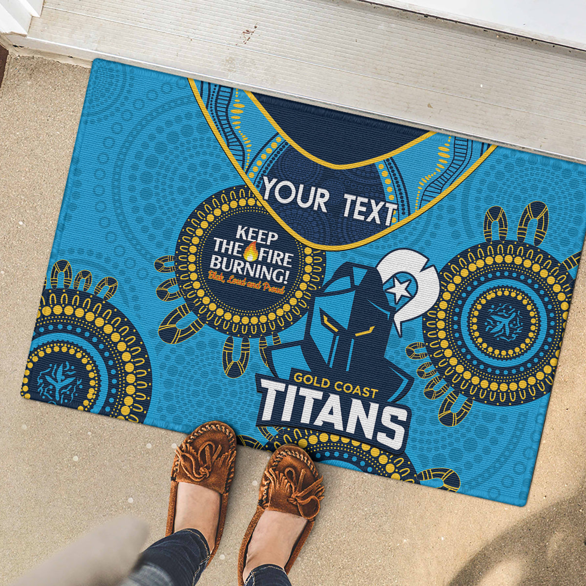 Custom NRL Titans NAIDOC Week Rubber Doormat Keep The Fire Burning Indigenous Art