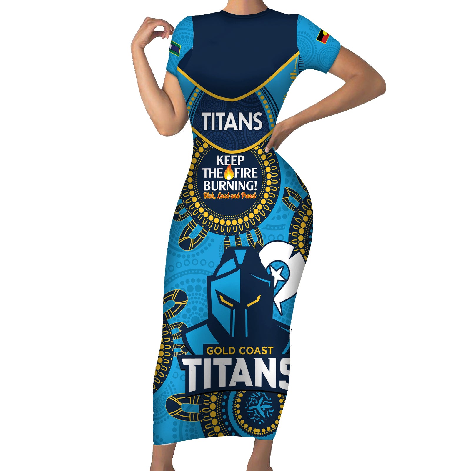 Custom NRL Titans NAIDOC Week Short Sleeve Bodycon Dress Keep The Fire Burning Indigenous Art