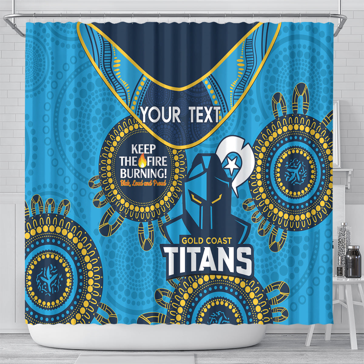 Custom NRL Titans NAIDOC Week Shower Curtain Keep The Fire Burning Indigenous Art