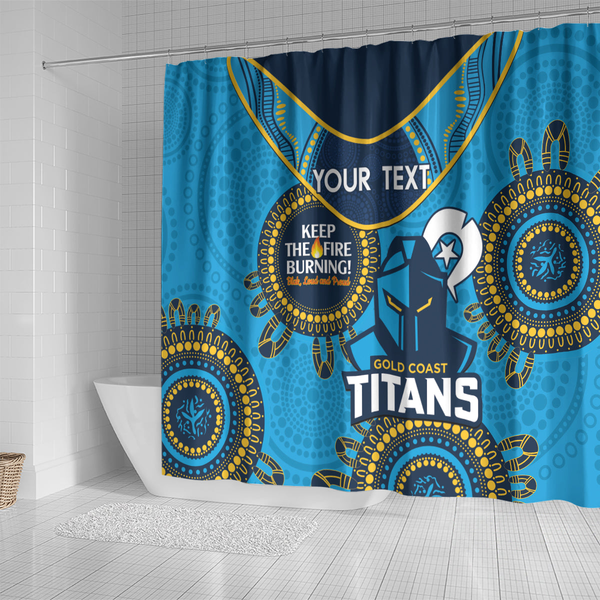 Custom NRL Titans NAIDOC Week Shower Curtain Keep The Fire Burning Indigenous Art