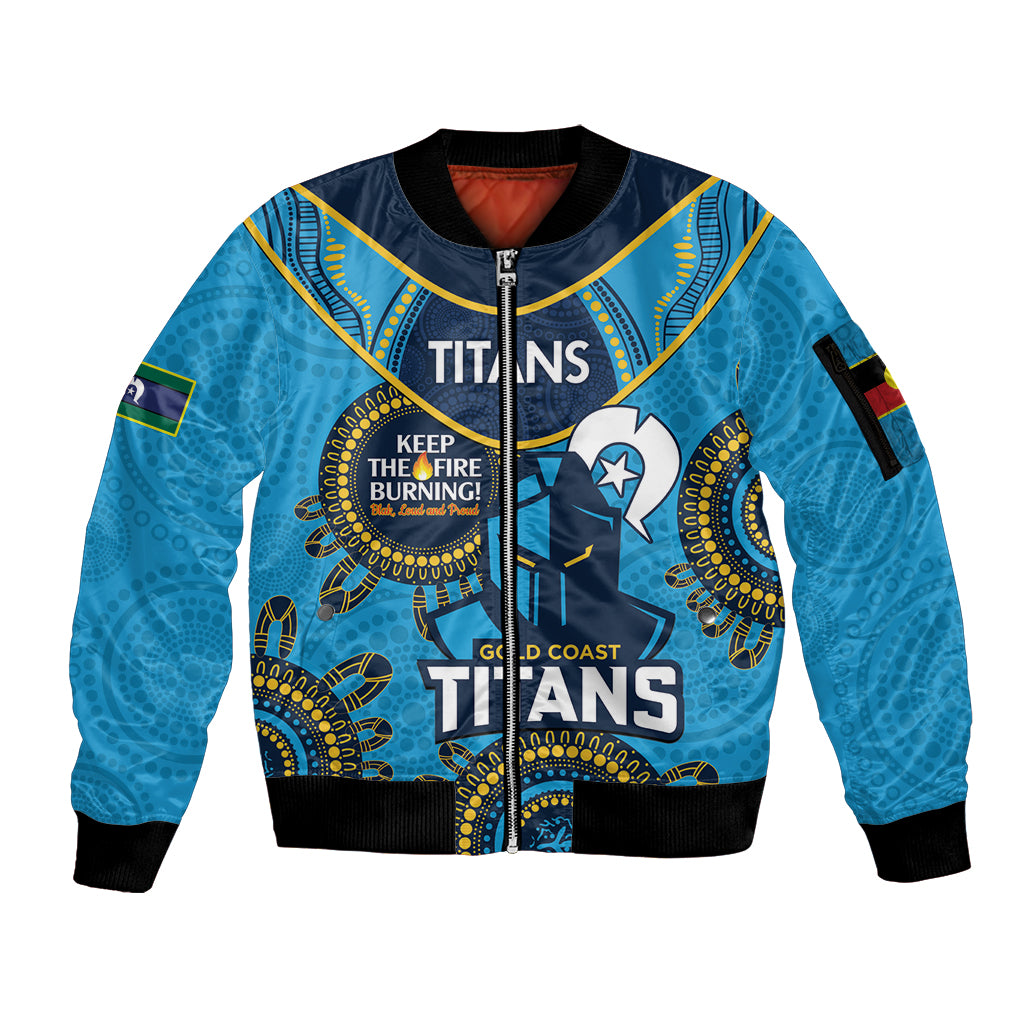 Custom NRL Titans NAIDOC Week Sleeve Zip Bomber Jacket Keep The Fire Burning Indigenous Art