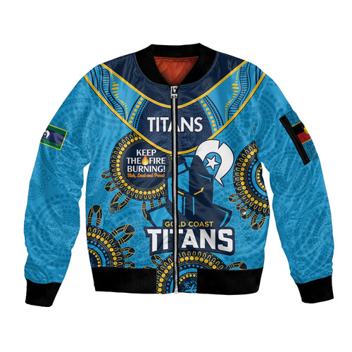 Custom NRL Titans NAIDOC Week Sleeve Zip Bomber Jacket Keep The Fire Burning Indigenous Art