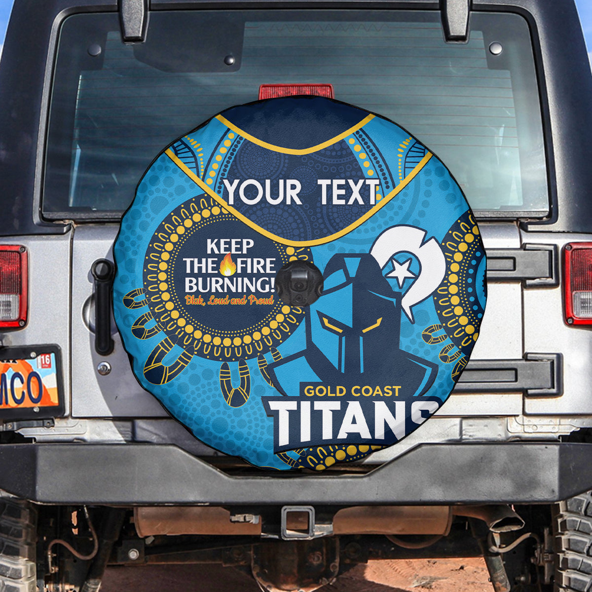 Custom NRL Titans NAIDOC Week Spare Tire Cover Keep The Fire Burning Indigenous Art