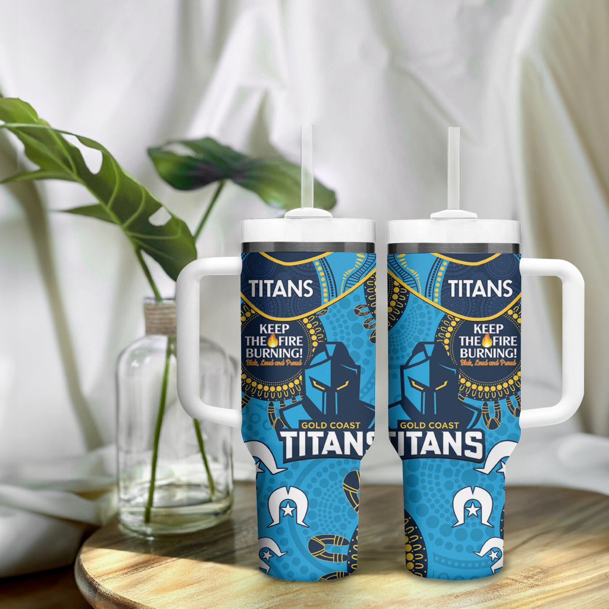 NRL Titans NAIDOC Week Tumbler With Handle Keep The Fire Burning Indigenous Art