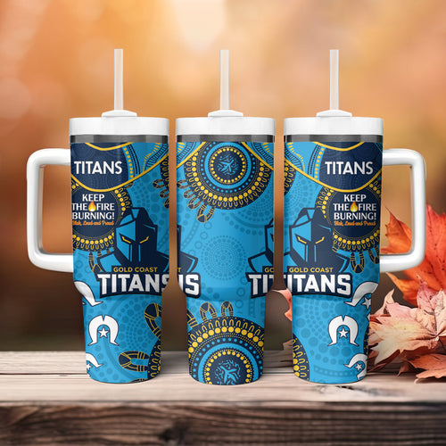 NRL Titans NAIDOC Week Tumbler With Handle Keep The Fire Burning Indigenous Art