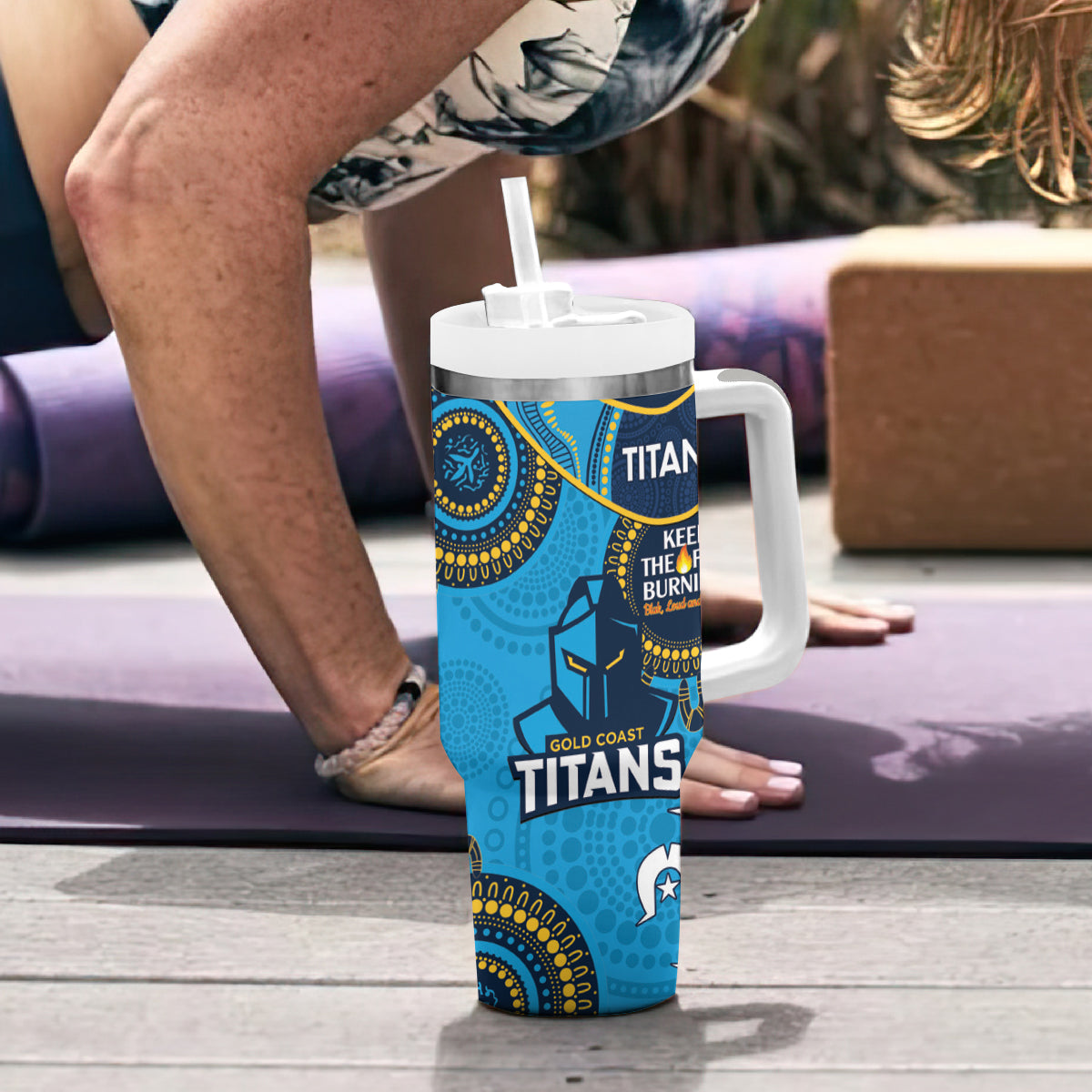 NRL Titans NAIDOC Week Tumbler With Handle Keep The Fire Burning Indigenous Art