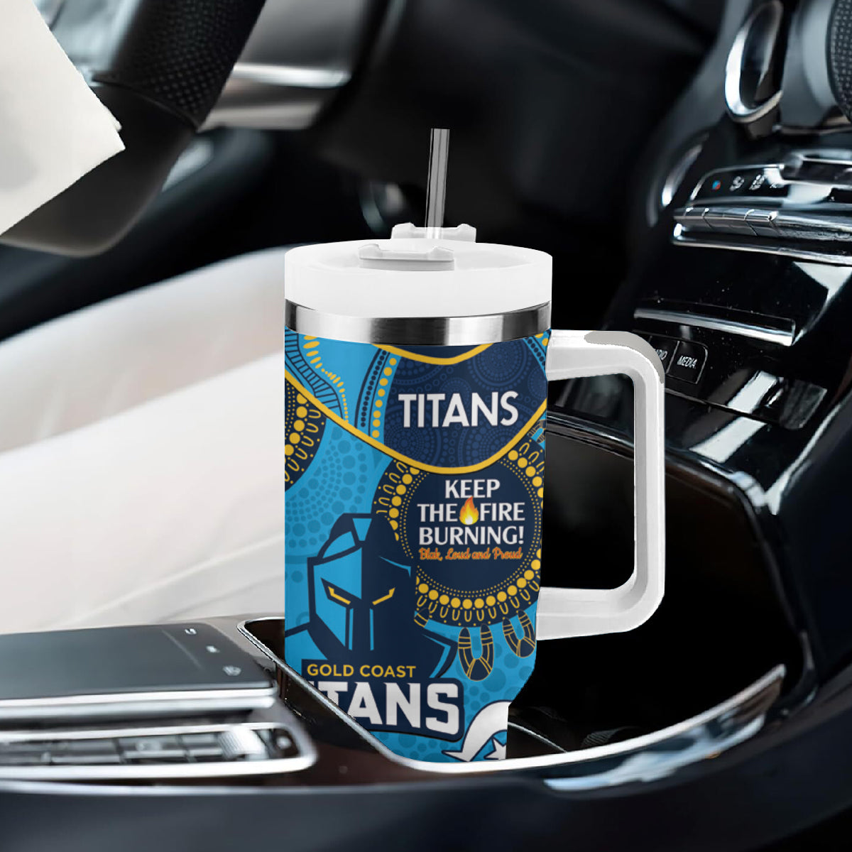 NRL Titans NAIDOC Week Tumbler With Handle Keep The Fire Burning Indigenous Art