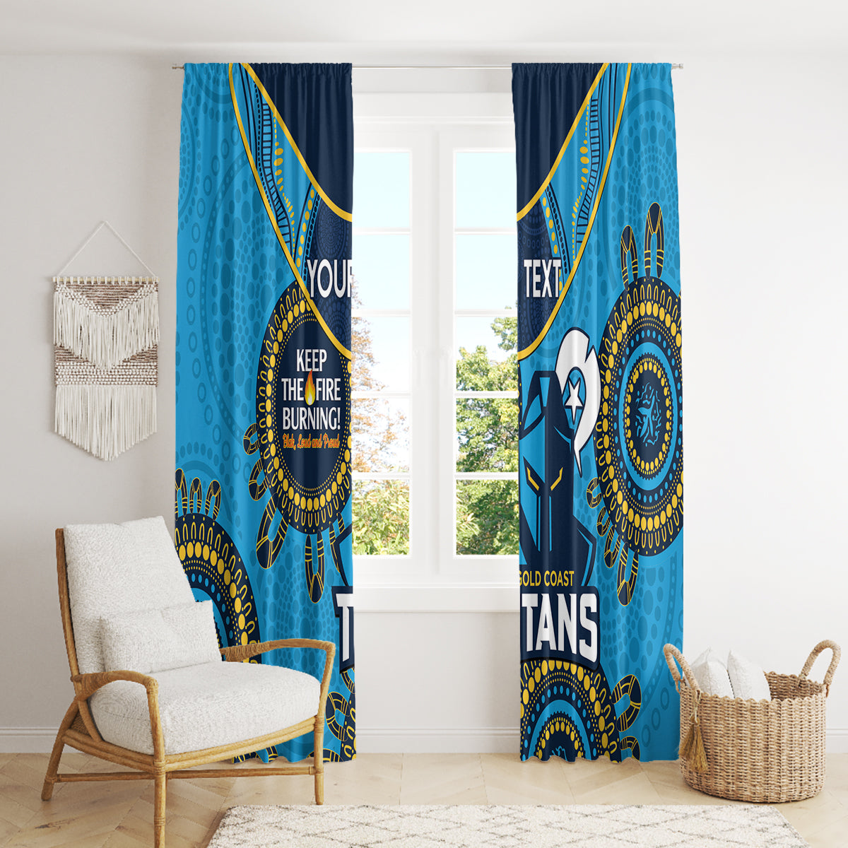 Custom NRL Titans NAIDOC Week Window Curtain Keep The Fire Burning Indigenous Art