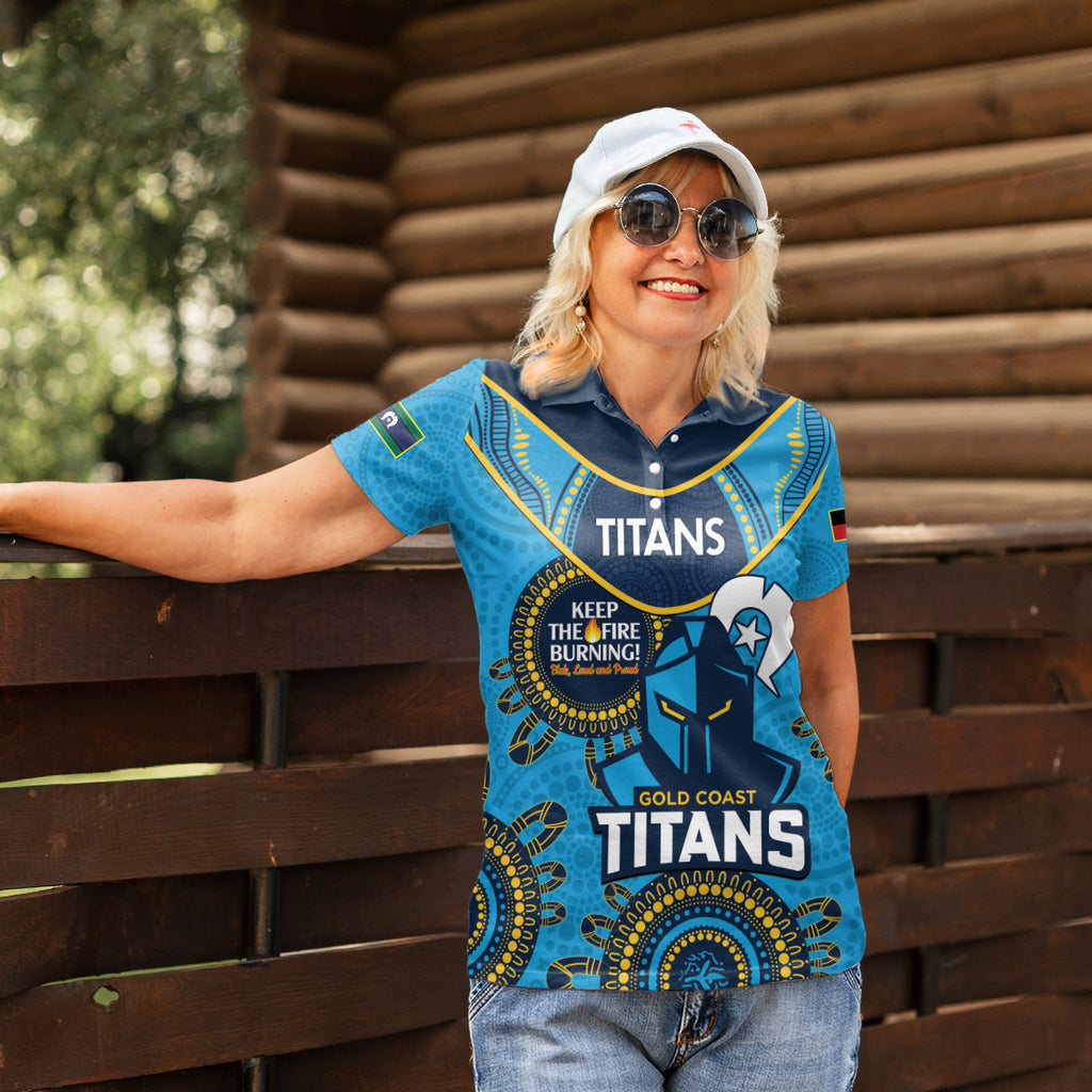 Custom NRL Titans NAIDOC Week Women Polo Shirt Keep The Fire Burning Indigenous Art