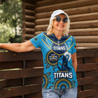 Custom NRL Titans NAIDOC Week Women Polo Shirt Keep The Fire Burning Indigenous Art