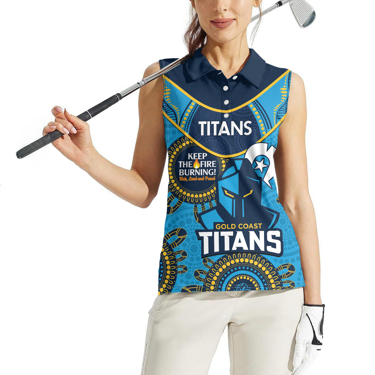 Custom NRL Titans NAIDOC Week Women Sleeveless Polo Shirt Keep The Fire Burning Indigenous Art