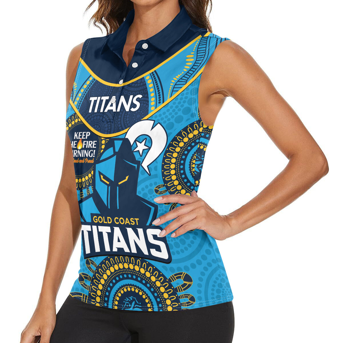 Custom NRL Titans NAIDOC Week Women Sleeveless Polo Shirt Keep The Fire Burning Indigenous Art