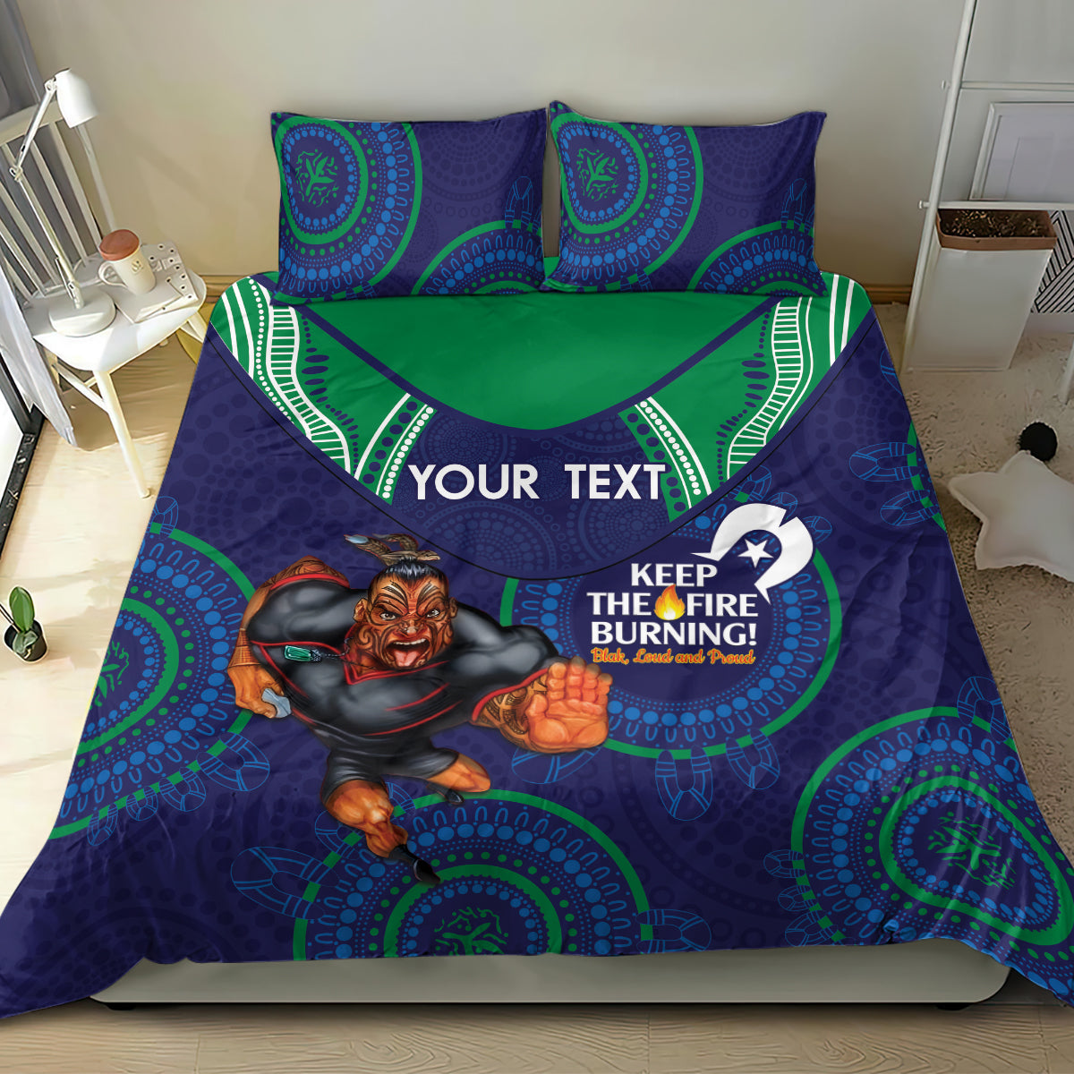 Custom NRL Warriors NAIDOC Week Bedding Set Keep The Fire Burning Indigenous Art
