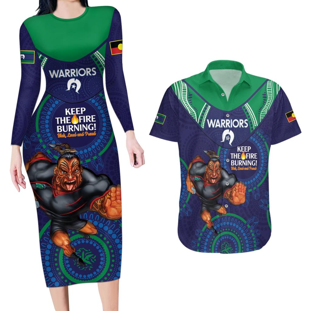 Custom NRL Warriors NAIDOC Week Couples Matching Long Sleeve Bodycon Dress and Hawaiian Shirt Keep The Fire Burning Indigenous Art