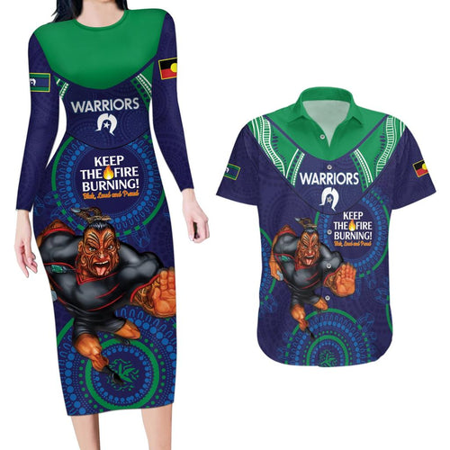 Custom NRL Warriors NAIDOC Week Couples Matching Long Sleeve Bodycon Dress and Hawaiian Shirt Keep The Fire Burning Indigenous Art