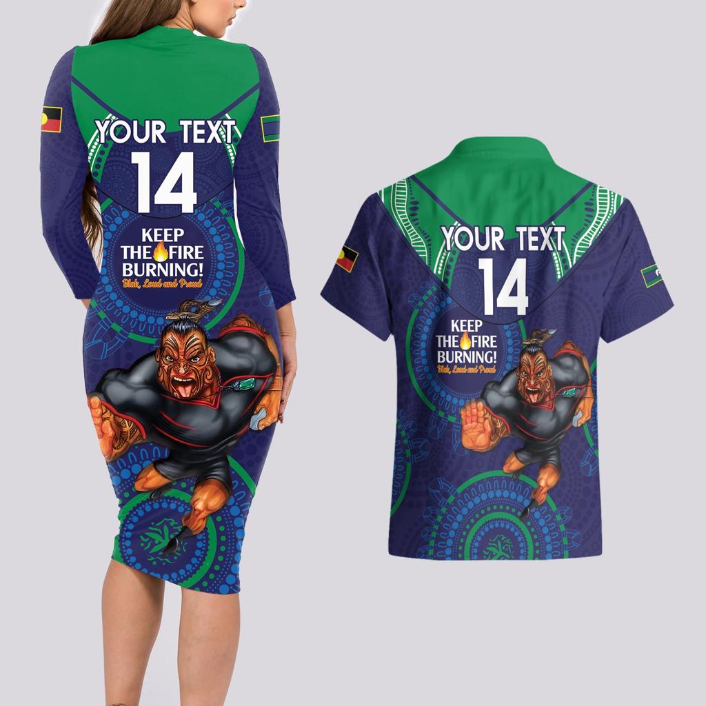 Custom NRL Warriors NAIDOC Week Couples Matching Long Sleeve Bodycon Dress and Hawaiian Shirt Keep The Fire Burning Indigenous Art
