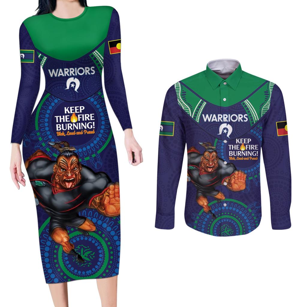 Custom NRL Warriors NAIDOC Week Couples Matching Long Sleeve Bodycon Dress and Long Sleeve Button Shirt Keep The Fire Burning Indigenous Art