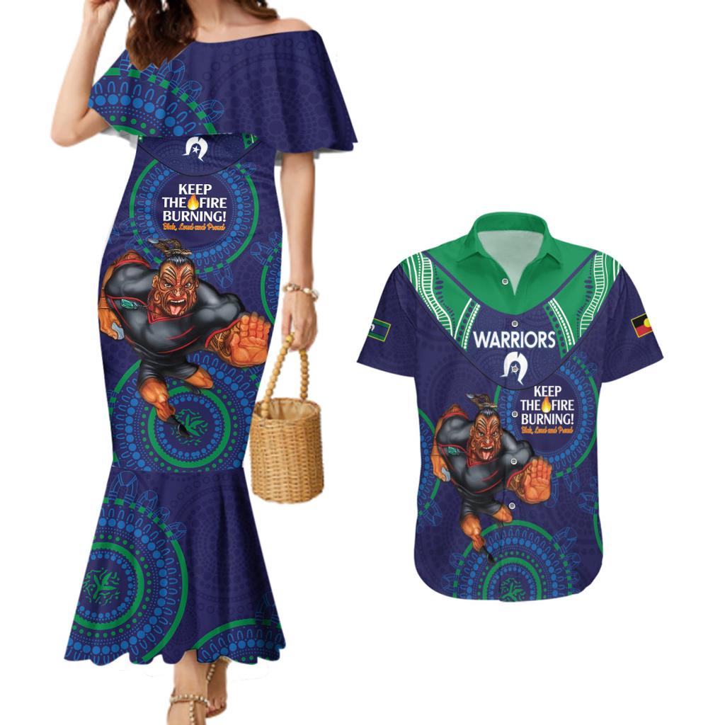 Custom NRL Warriors NAIDOC Week Couples Matching Mermaid Dress and Hawaiian Shirt Keep The Fire Burning Indigenous Art