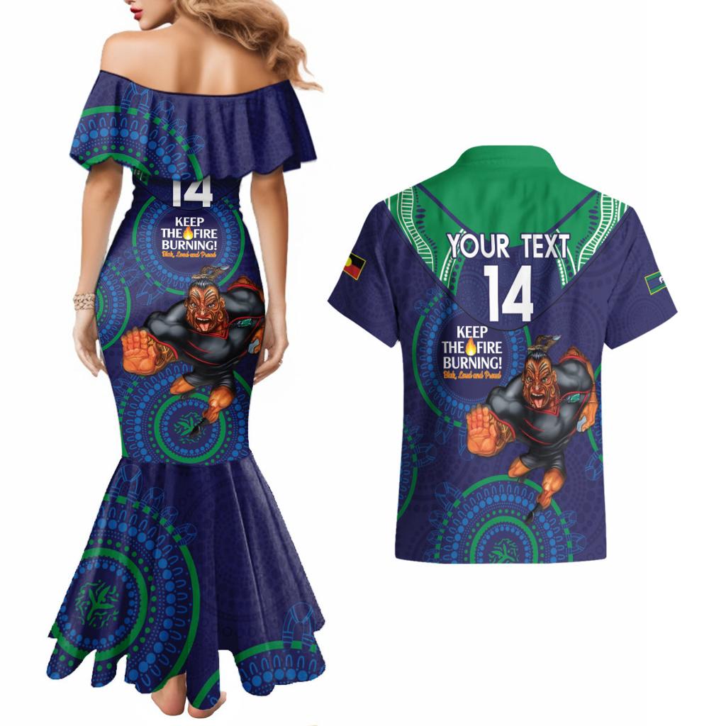 Custom NRL Warriors NAIDOC Week Couples Matching Mermaid Dress and Hawaiian Shirt Keep The Fire Burning Indigenous Art