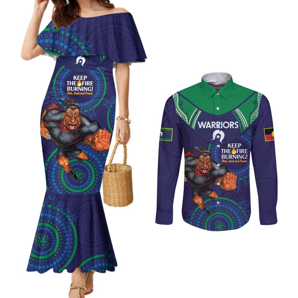 Custom NRL Warriors NAIDOC Week Couples Matching Mermaid Dress and Long Sleeve Button Shirt Keep The Fire Burning Indigenous Art