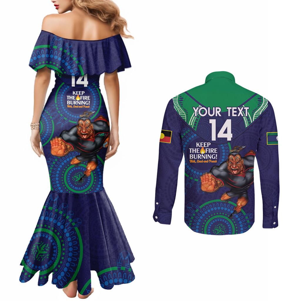 Custom NRL Warriors NAIDOC Week Couples Matching Mermaid Dress and Long Sleeve Button Shirt Keep The Fire Burning Indigenous Art
