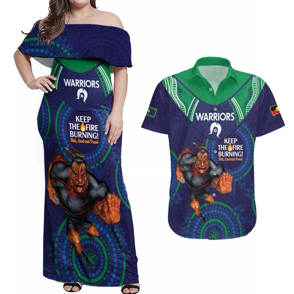 Custom NRL Warriors NAIDOC Week Couples Matching Off Shoulder Maxi Dress and Hawaiian Shirt Keep The Fire Burning Indigenous Art
