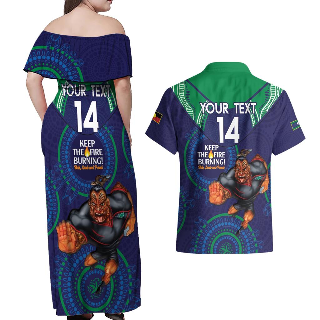 Custom NRL Warriors NAIDOC Week Couples Matching Off Shoulder Maxi Dress and Hawaiian Shirt Keep The Fire Burning Indigenous Art