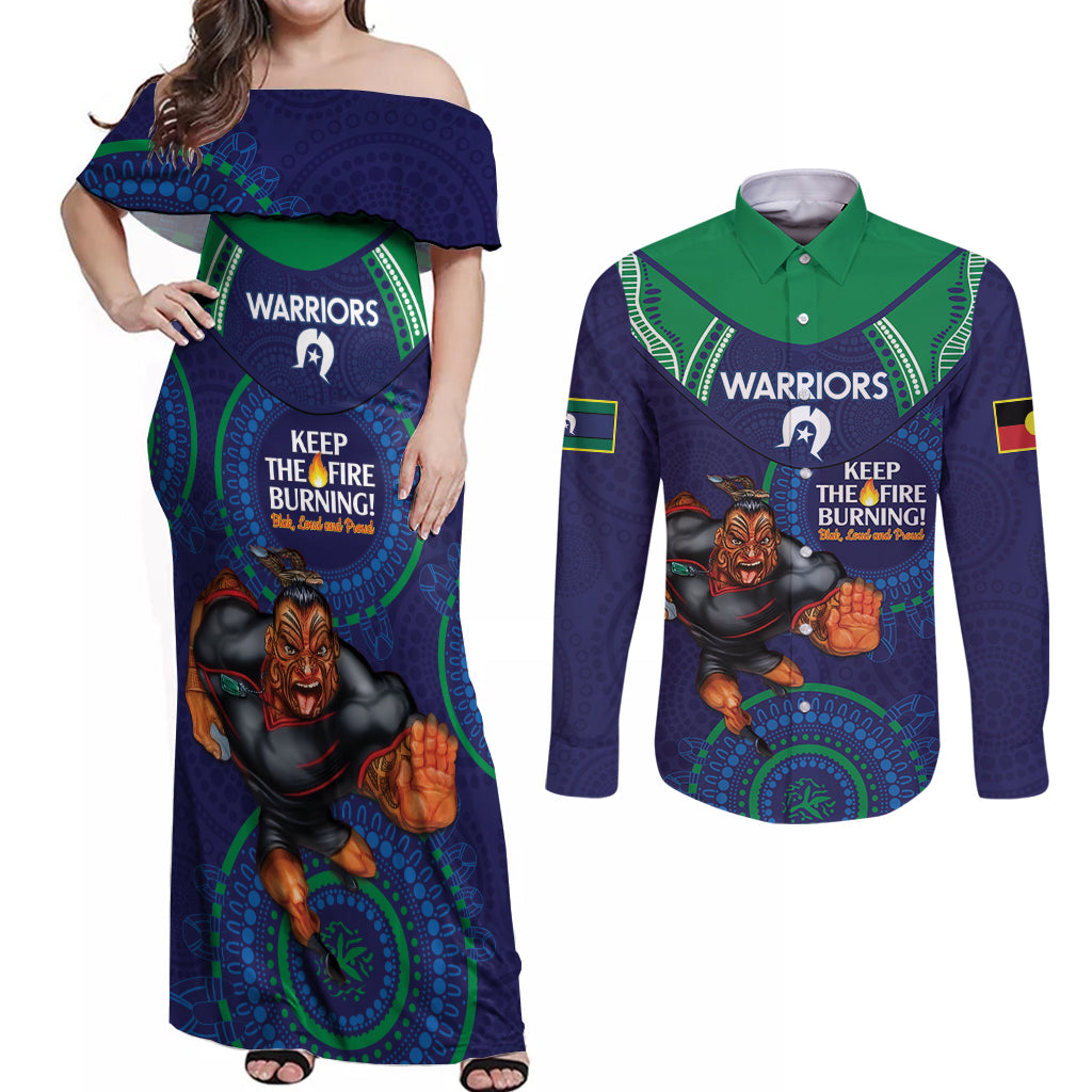 Custom NRL Warriors NAIDOC Week Couples Matching Off Shoulder Maxi Dress and Long Sleeve Button Shirt Keep The Fire Burning Indigenous Art