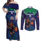 Custom NRL Warriors NAIDOC Week Couples Matching Off Shoulder Maxi Dress and Long Sleeve Button Shirt Keep The Fire Burning Indigenous Art
